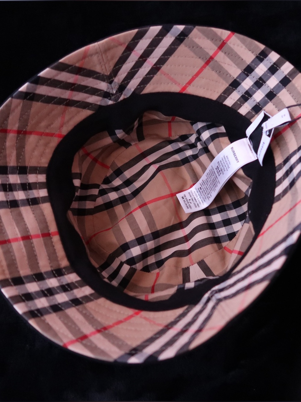 Burberry Beige Plaid Bucket Hat with Black and Red Accents